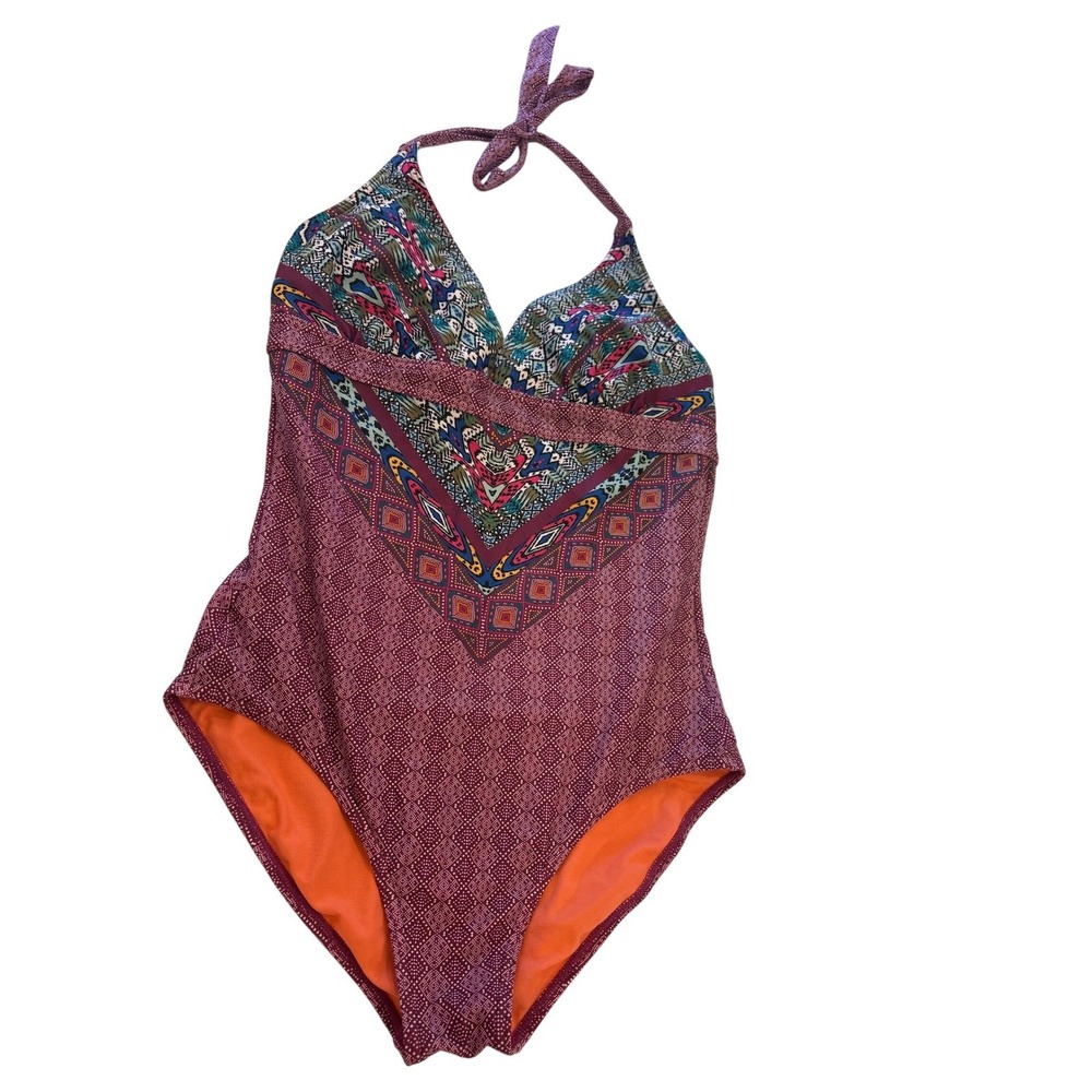 Prana One Piece Swimsuit Large Womens Burgundy Geometric Halter Boho